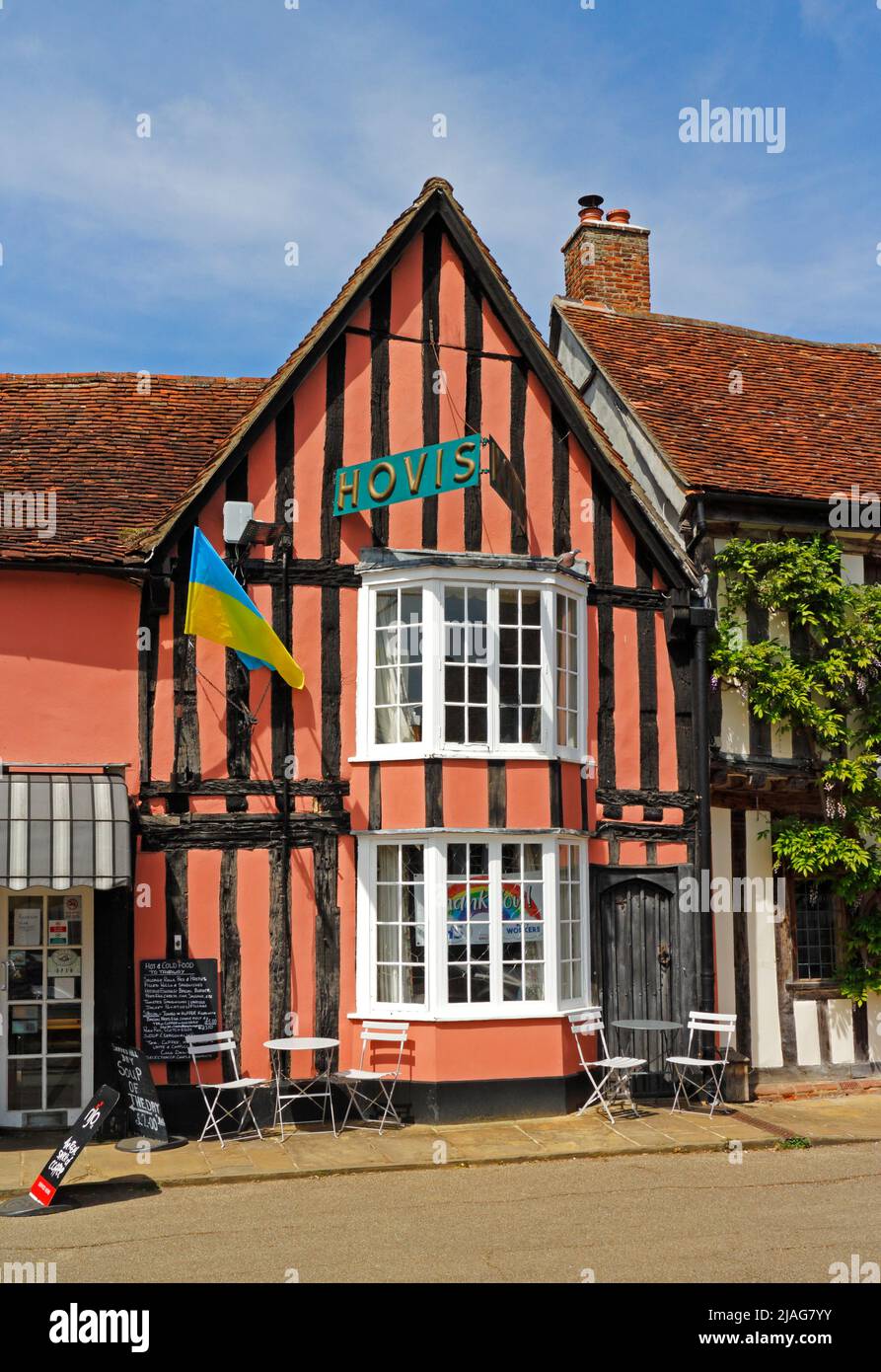 A well preserved half-timbered medieval property in the High Street in the centre of Lavenham, Suffolk, England, United Kingdom. Stock Photo