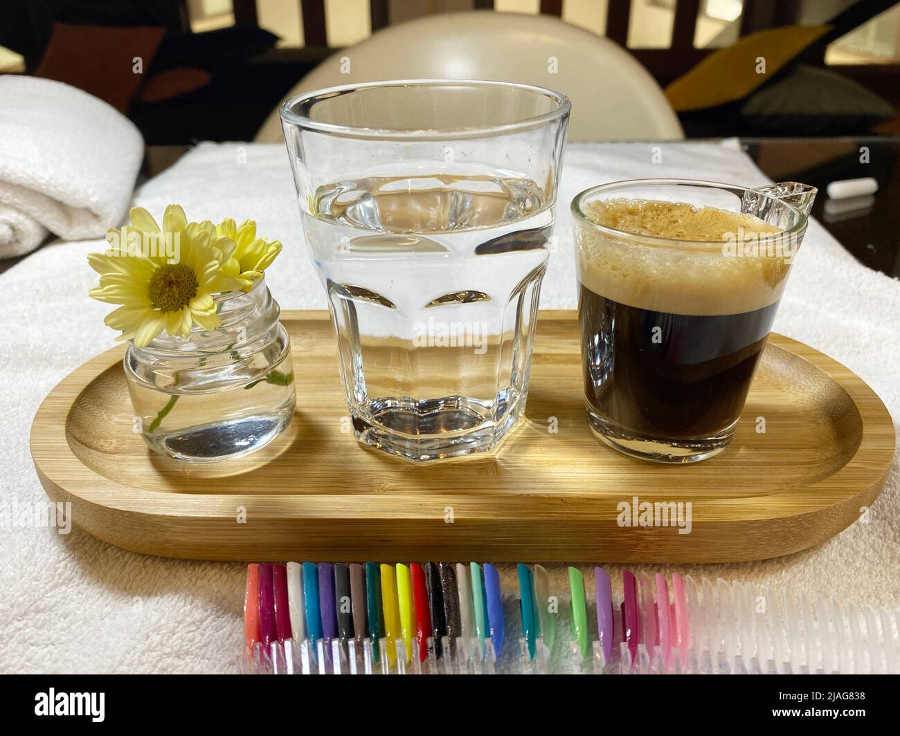Coffee at the spa. Day to look beautiful with wonderful little things. Stock Photo