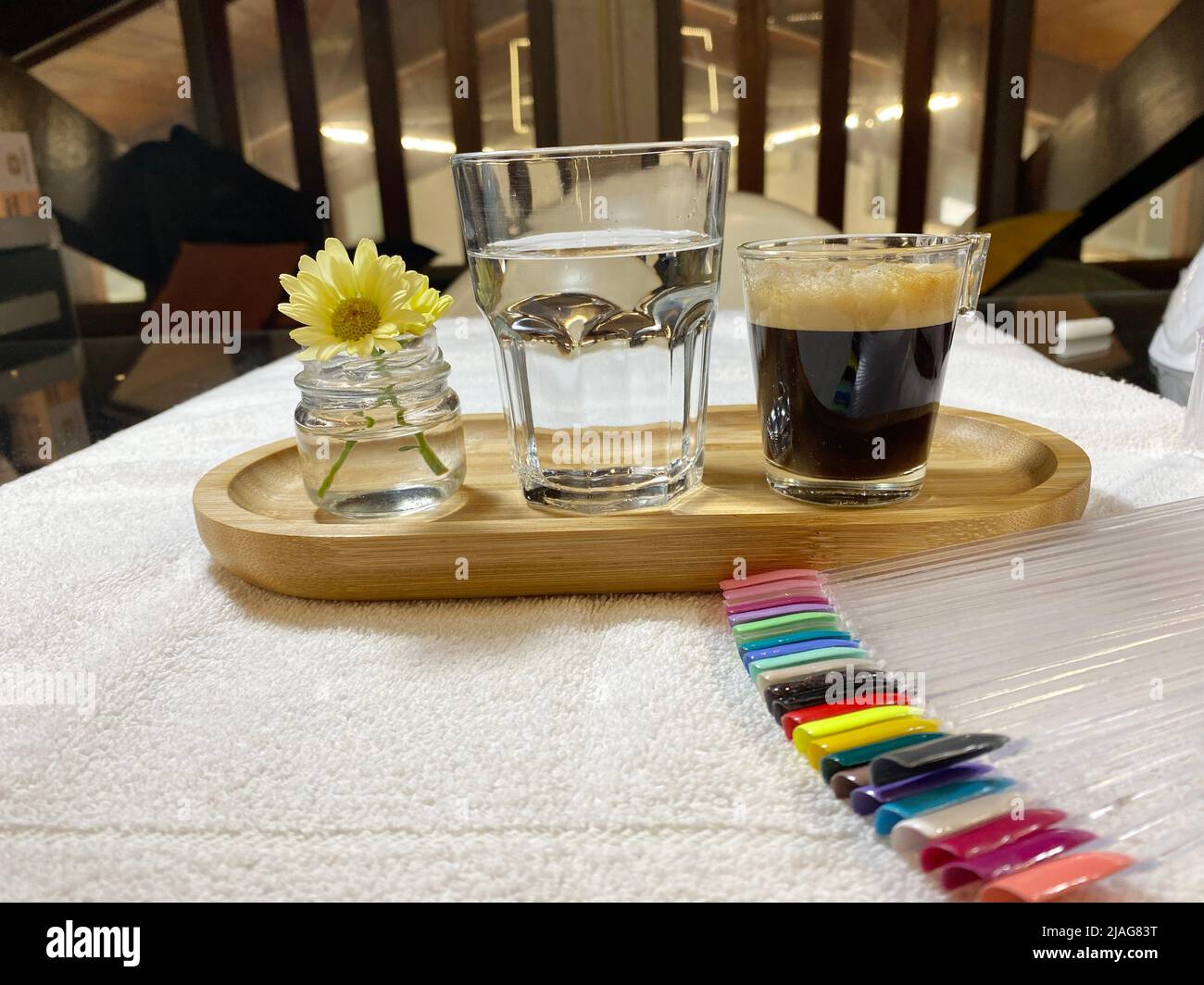 Coffee at the spa. Day to look beautiful with wonderful little things. Stock Photo