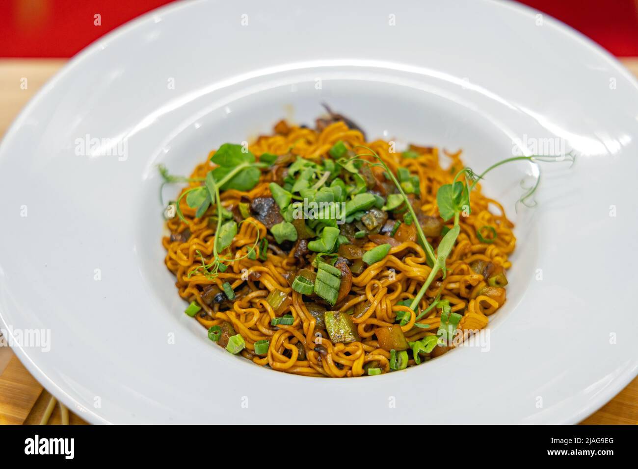 Ramen Noodles Served in Large Ceramic Dish Asian Cuisine Stock Photo