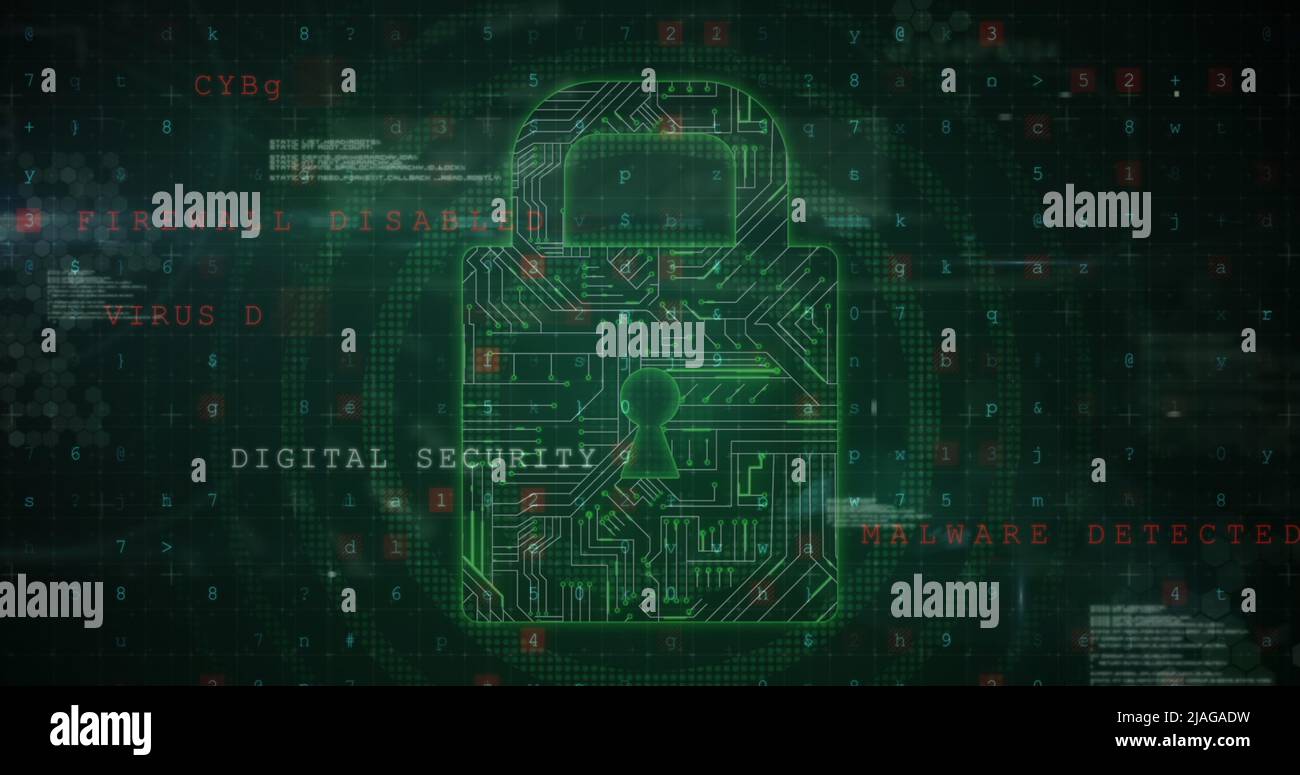 Image of security padlock and data processing over black background ...