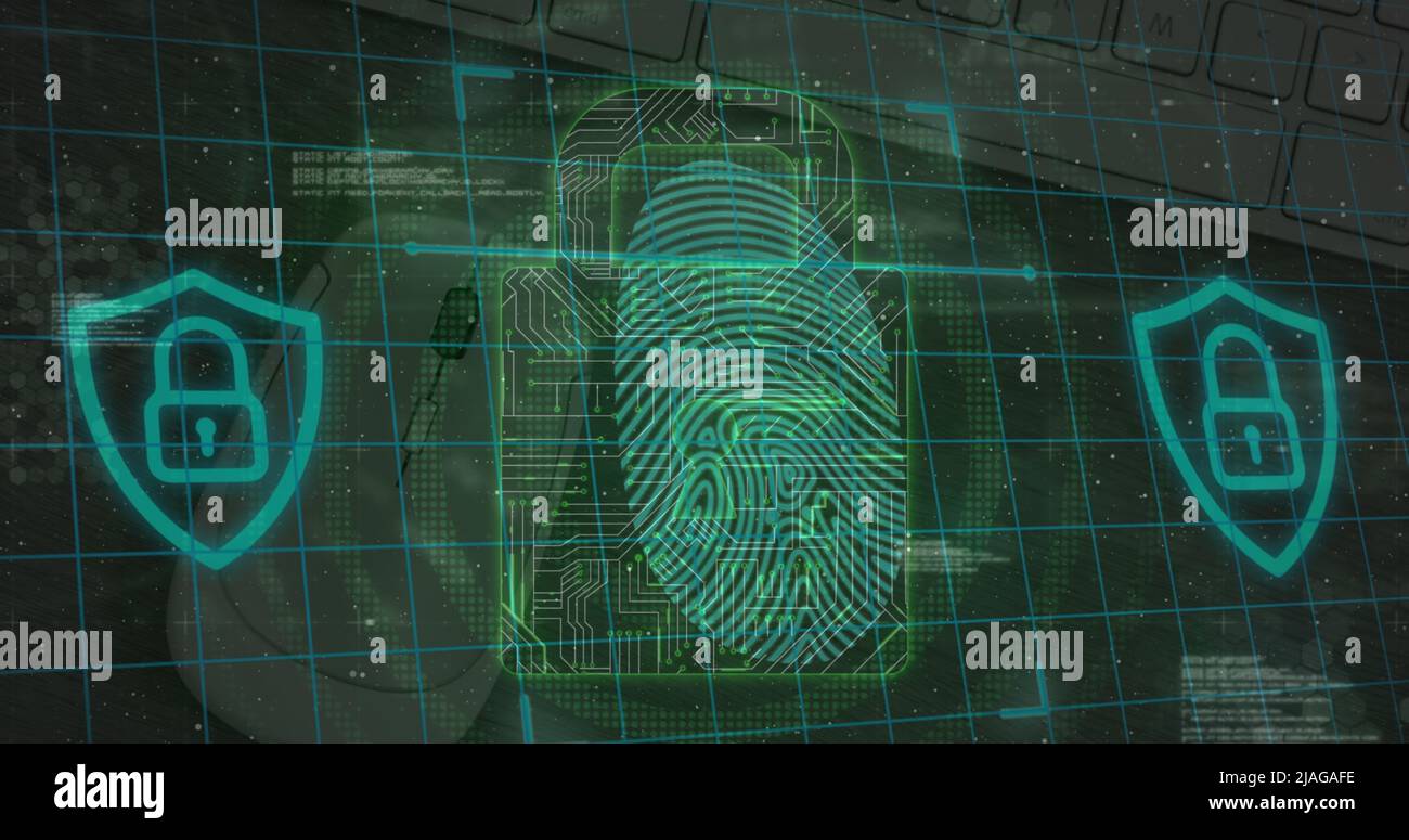 Image of security padlock icons and data processing over black ...