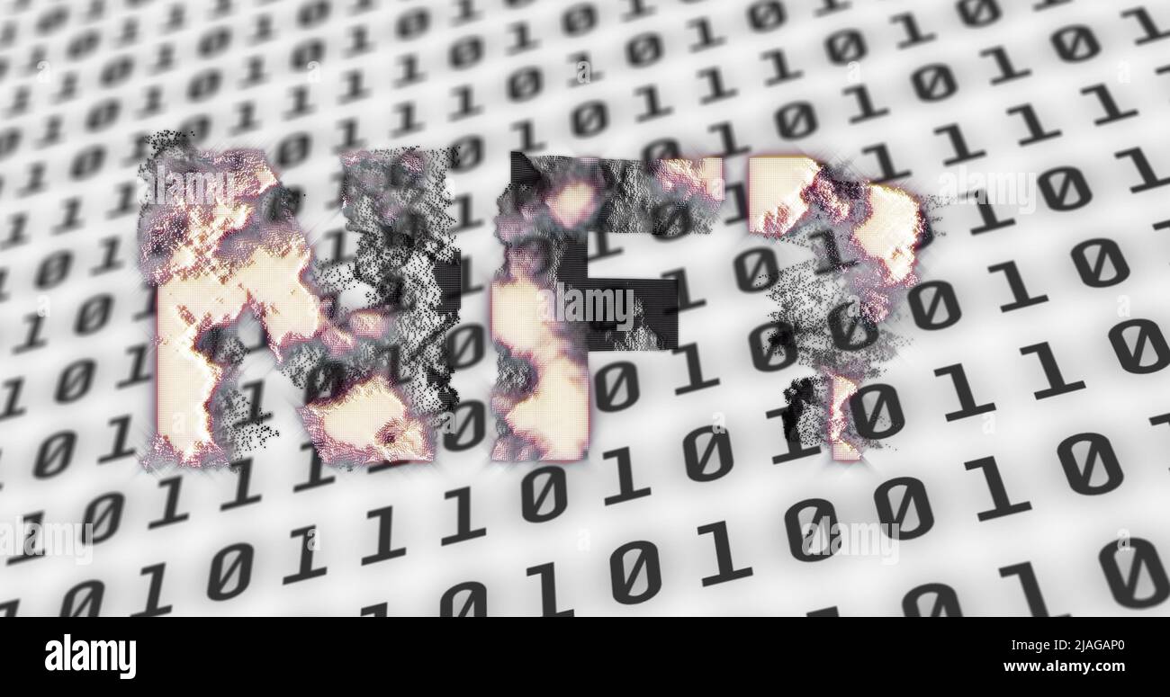 Image of nft text over binary coding. global business, finances, connections and digital interface concept digitally generated image. Stock Photo