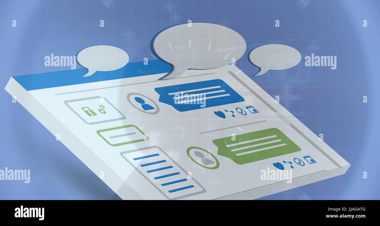 Speech bubbles with data processing and digital interface against round ...