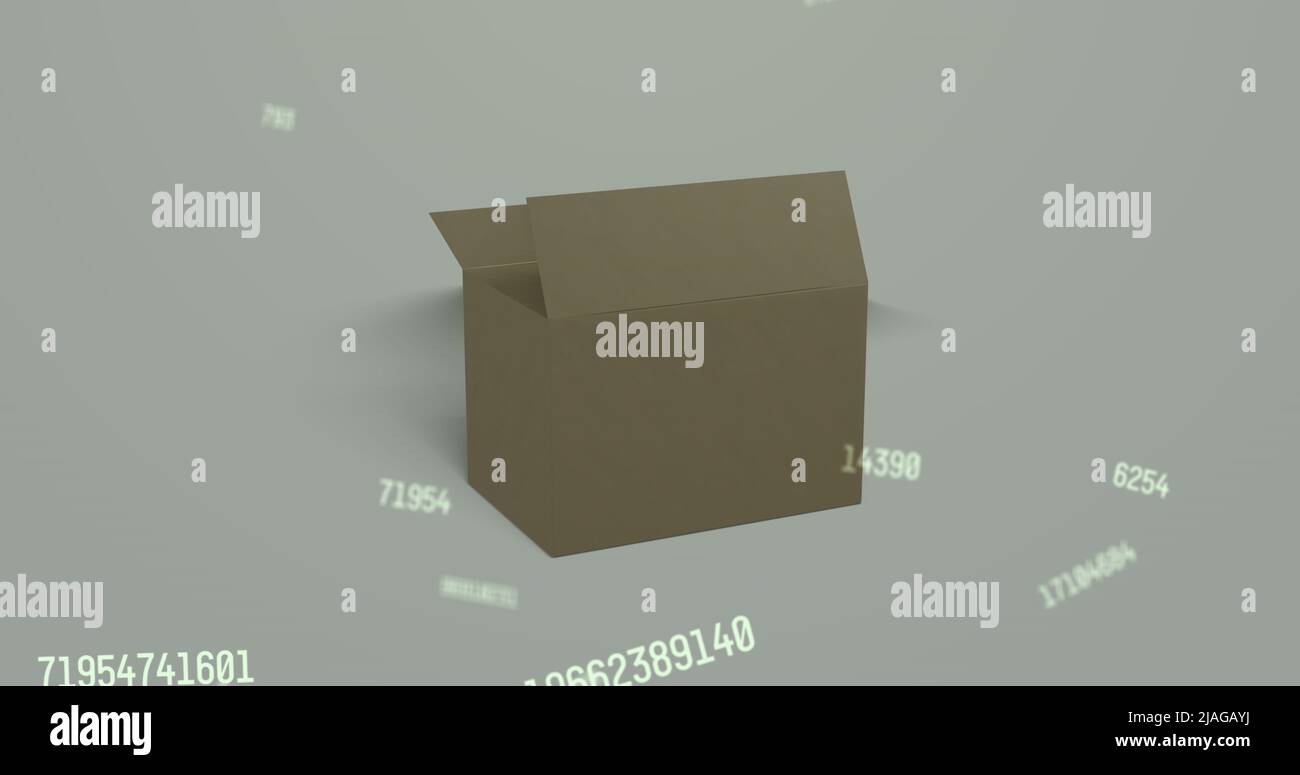 Image of numbers with box opening. global delivery and data processing concept digitally generated image. Stock Photo