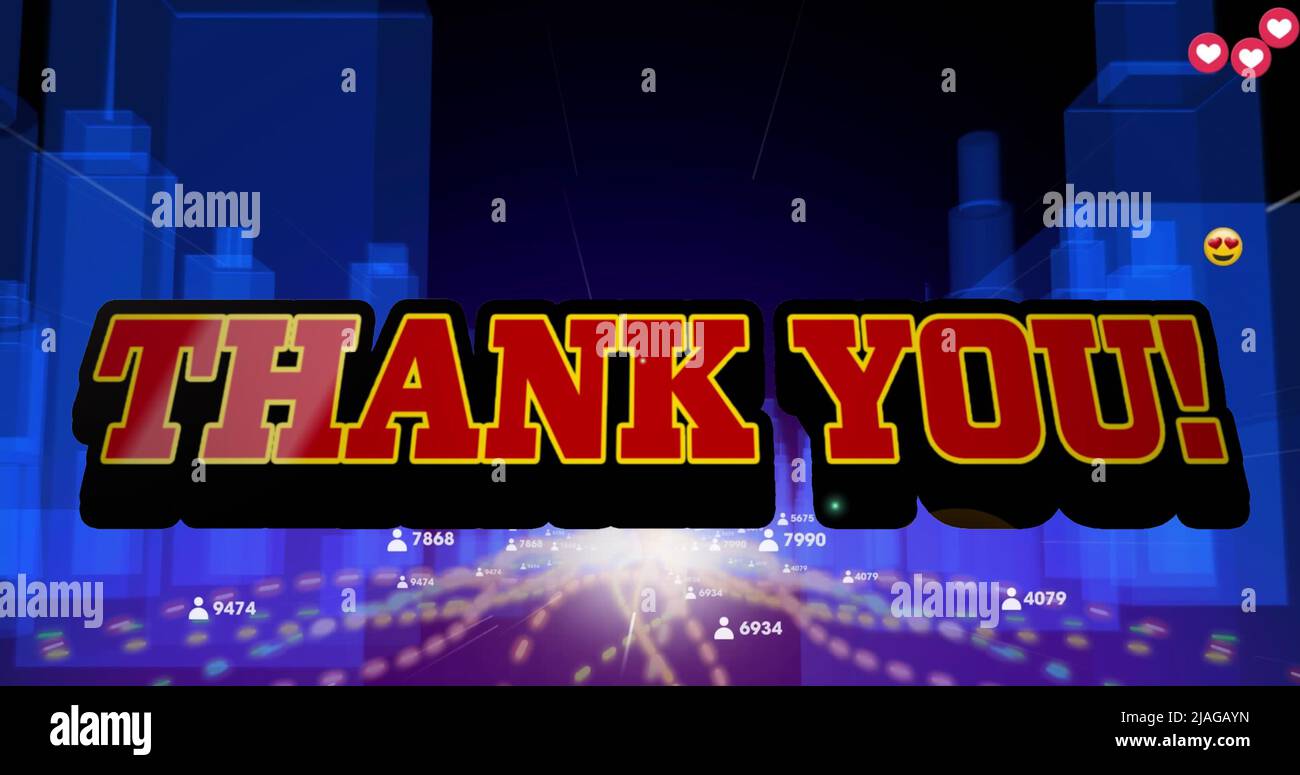 Image of thank you text, social media emoji icons and data processing ...