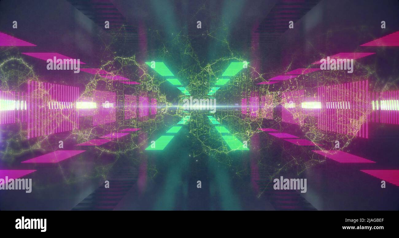Image of neon lights moving over waves on black and green background ...