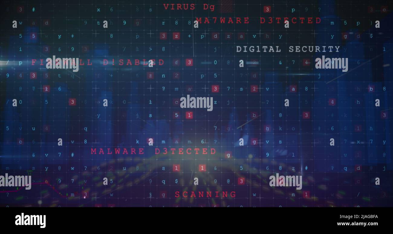 Image of cyber attack warning and financial data processing over cityscape Stock Photo