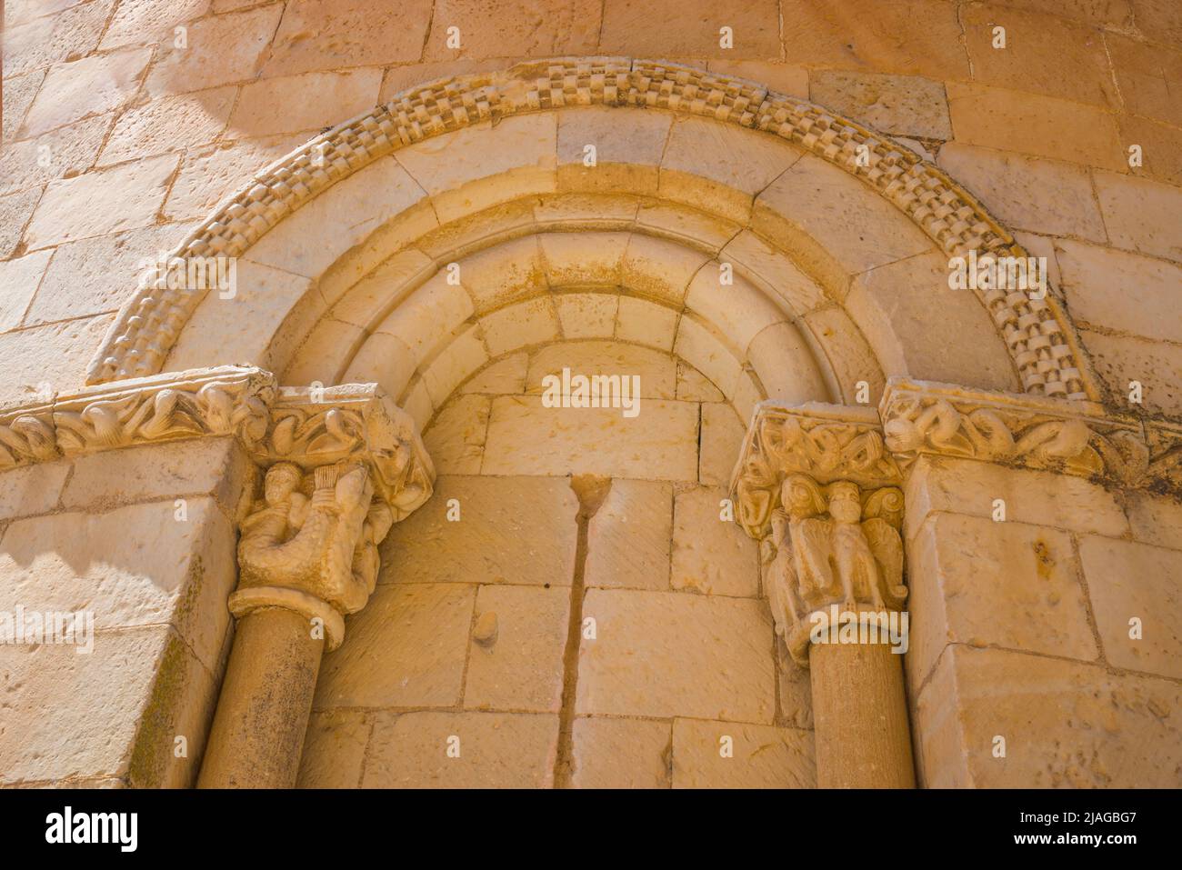 Apse of San Juan church, close view. Cerezo de Arriba, Segovia province, Castilla Leon, Spain. Stock Photo