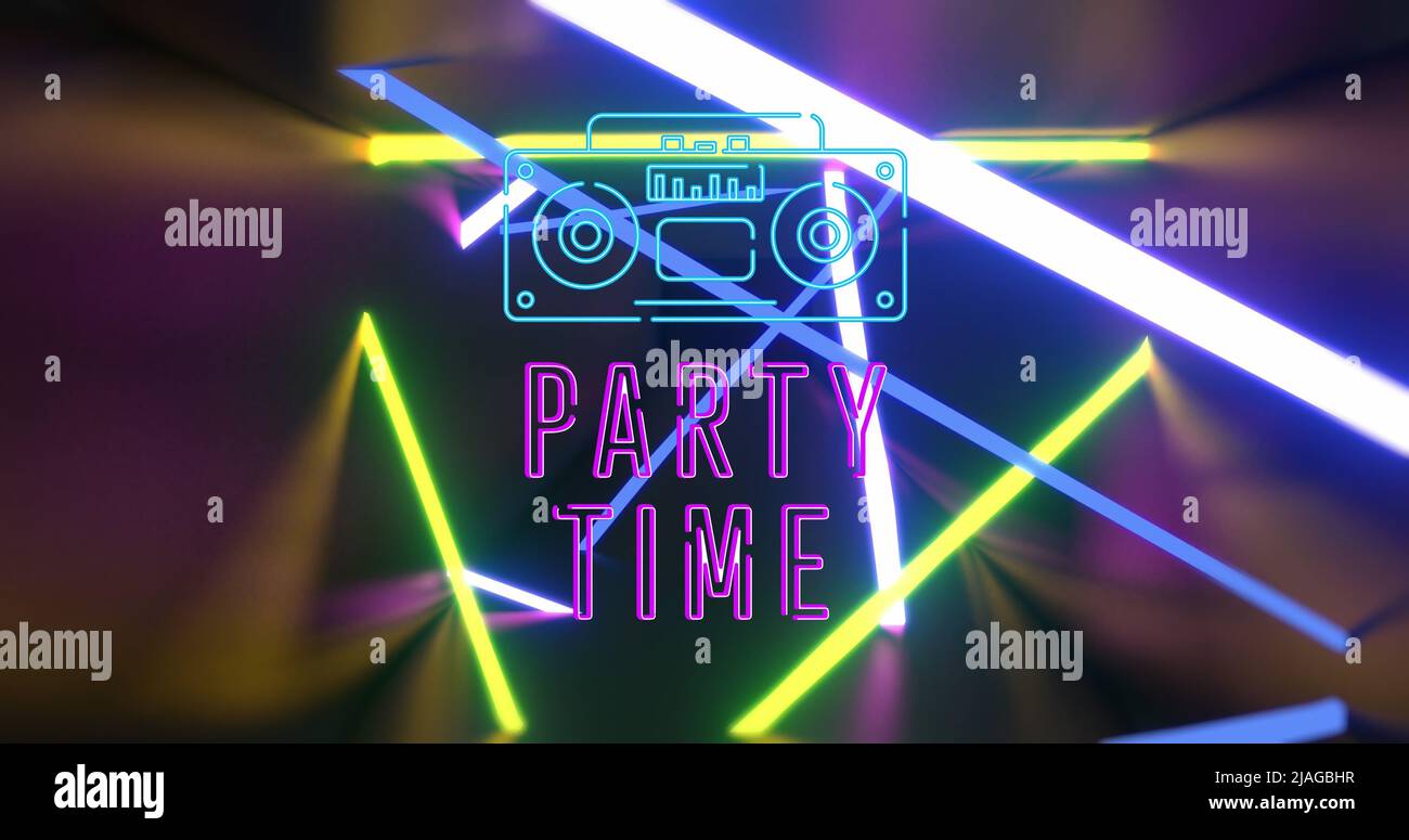 Image of party time, radio and neon shapes on black background Stock Photo  - Alamy