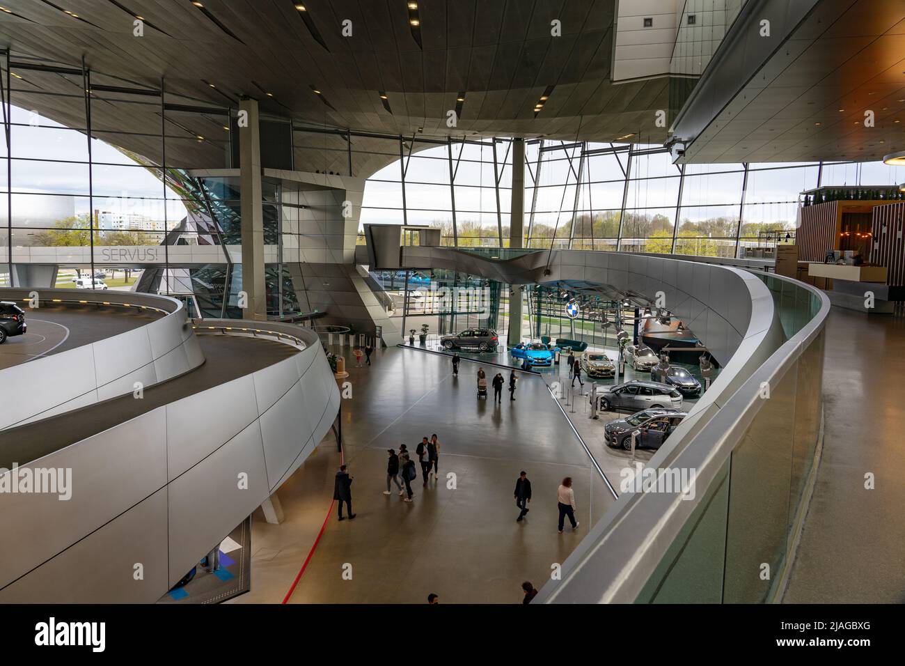 Munich, Germany 04.08.2022 BMW World Munich showroom with cars and modern architecture Stock