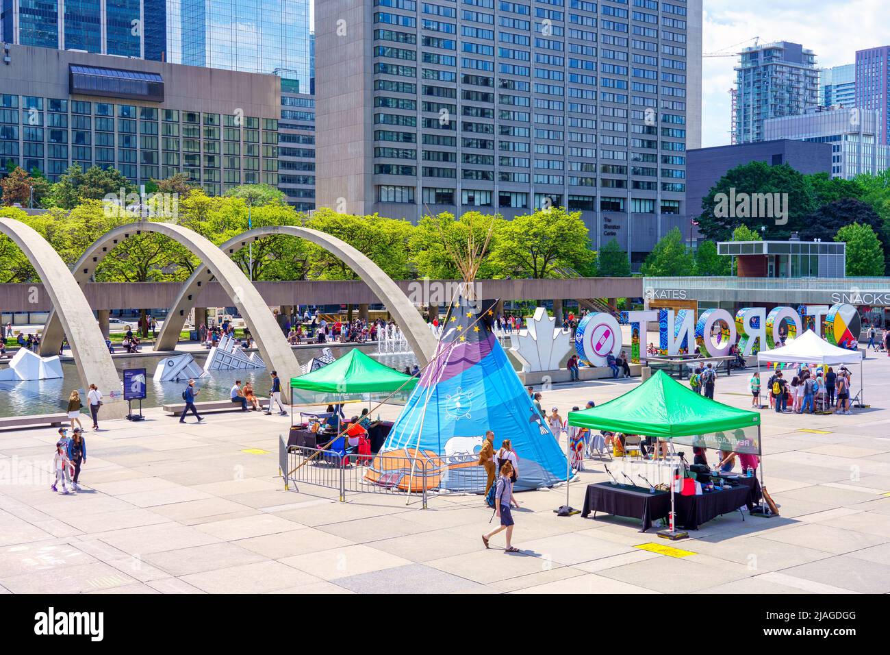 A traditional tent of the Canadian First Nations is set in the Nathan Phillips Square during the Open Doors Festival. Stock Photo