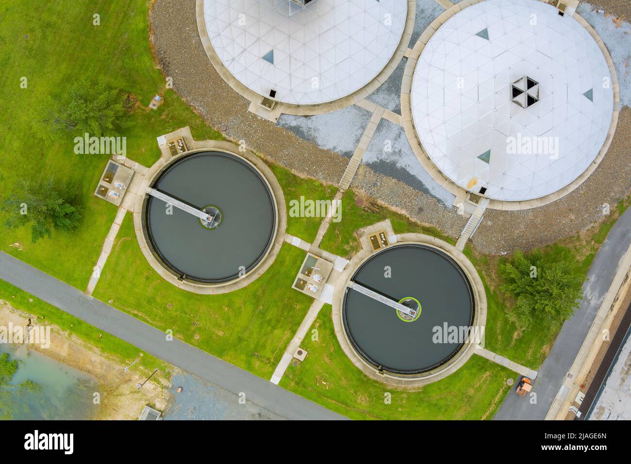 Aerial panoramic view of water works treatment plant in infrastructure ...