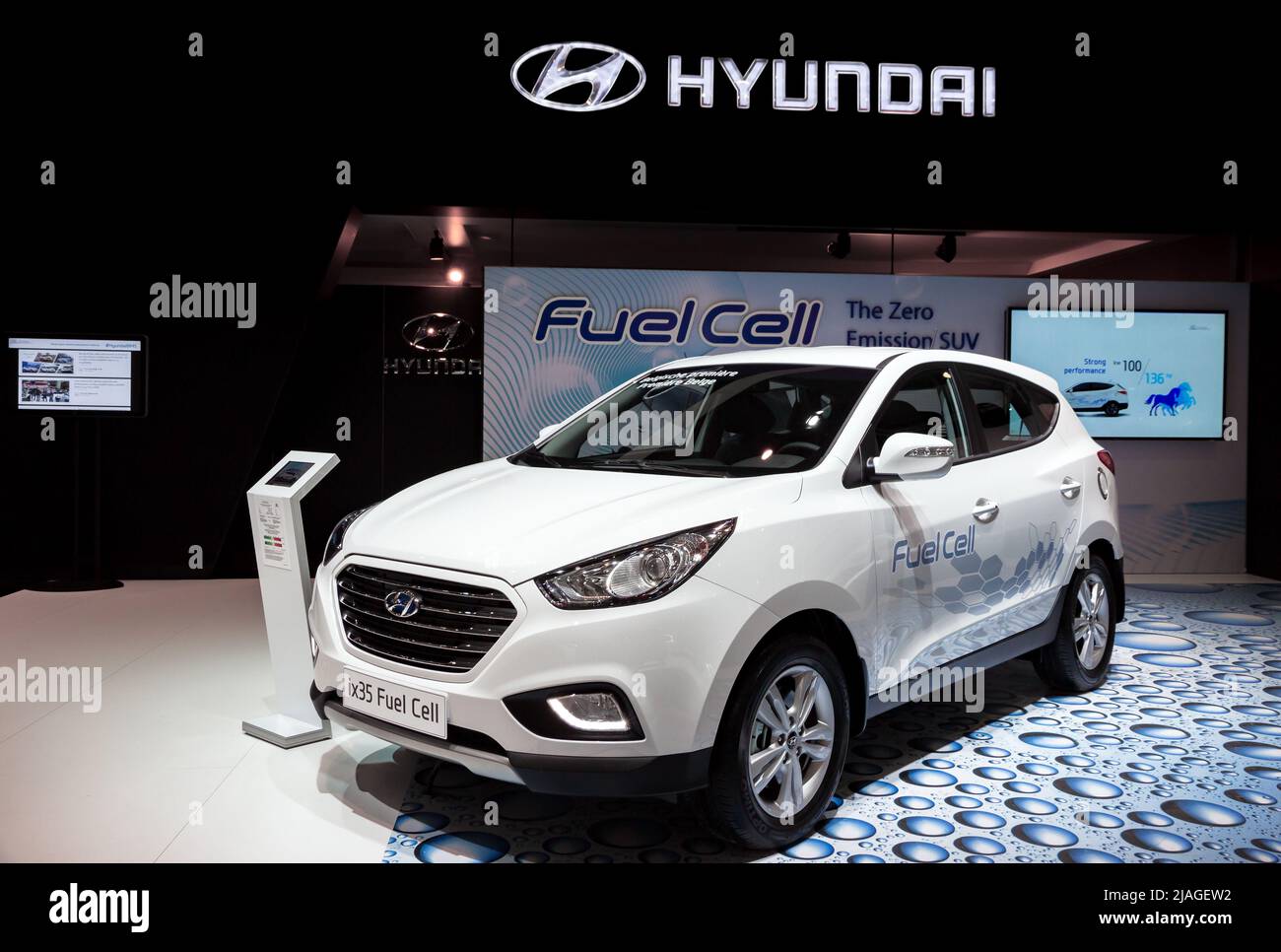 Hyundai ix35 Fuel Cell car presented at the Brussels Expo Autosalon motor show. Brussels - January 12, 2016. Stock Photo