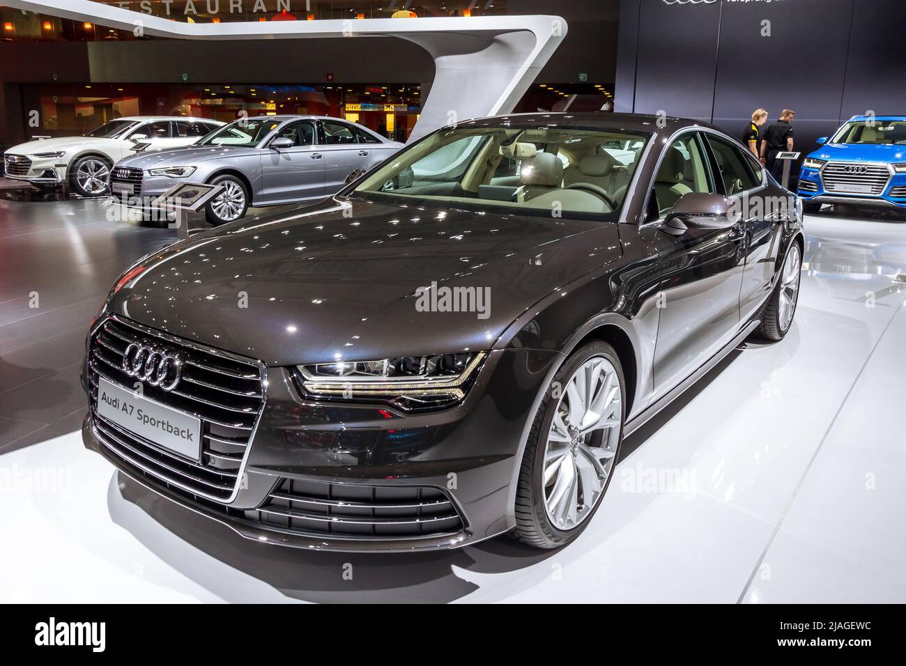 Audi A7 Sportback car at the Brussels Expo Autosalon motor show. Brussels - January 12, 2016. Stock Photo