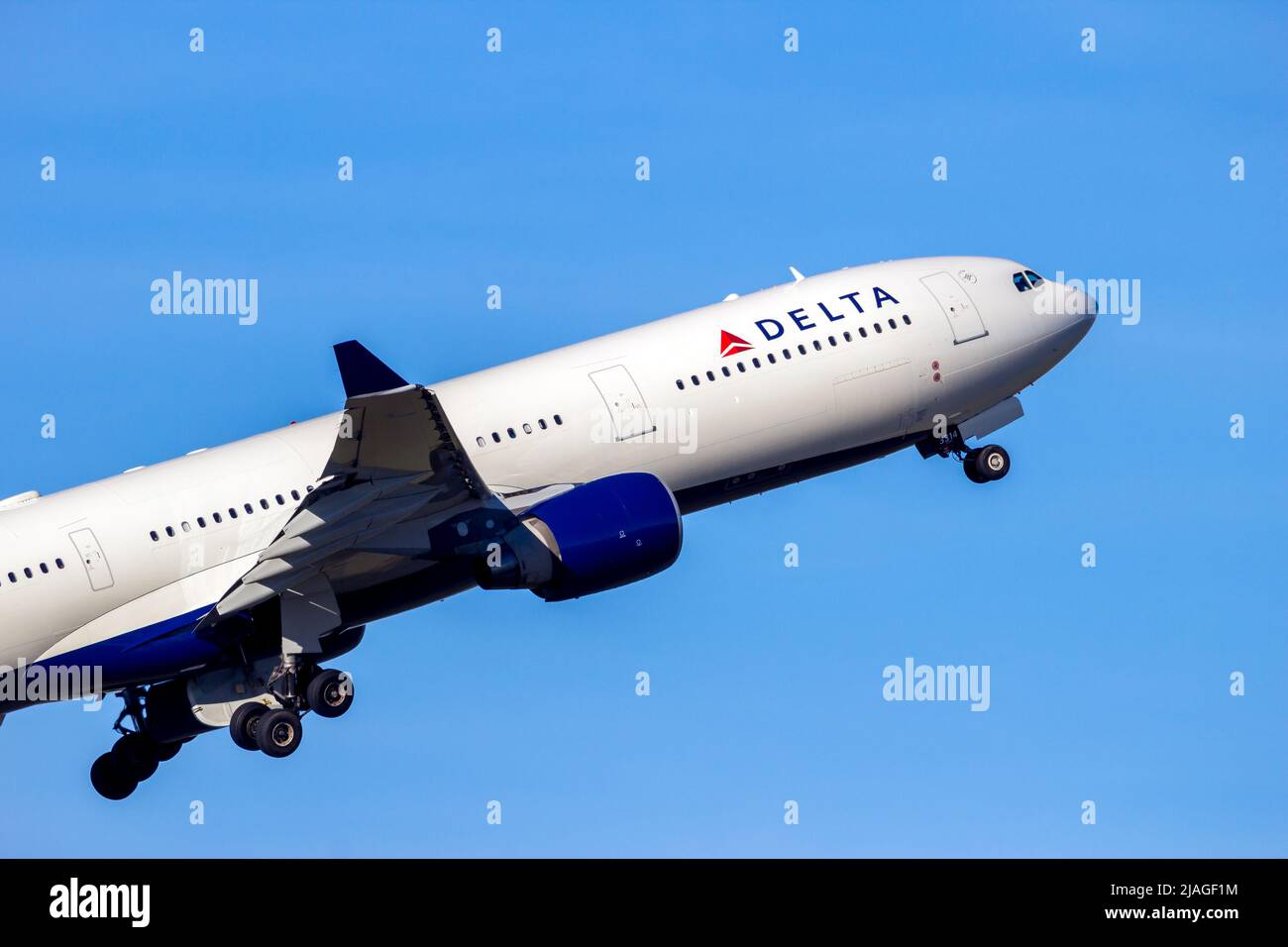 Delta Air Lines Airbus A330 passenger plane taking off from Schiphol Airport. The Netherlands - February 16, 2016 Stock Photo