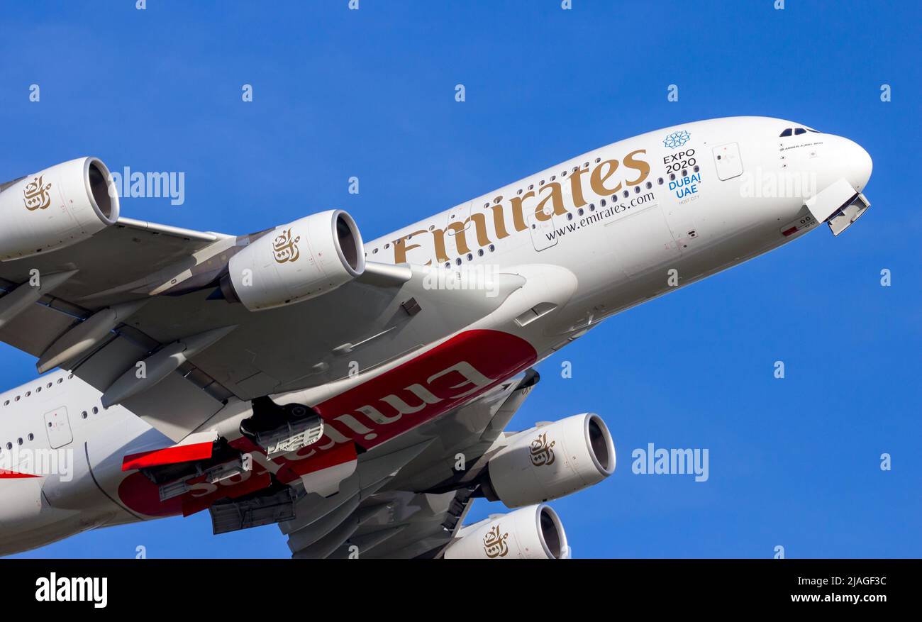 Emirates Airline Airbus A380 passenger plane taking off from Schiphol airport. The Netherlands - February 16, 2016 Stock Photo