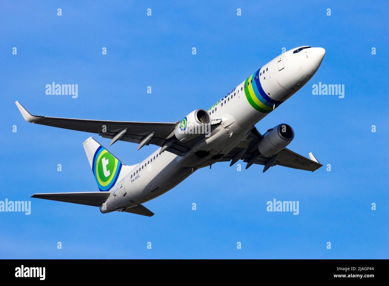 Transavia Airlines Boeing 737 NG pasenger plane take-off from Schiphol Airport. The Netherlands - February 16, 2016 Stock Photo