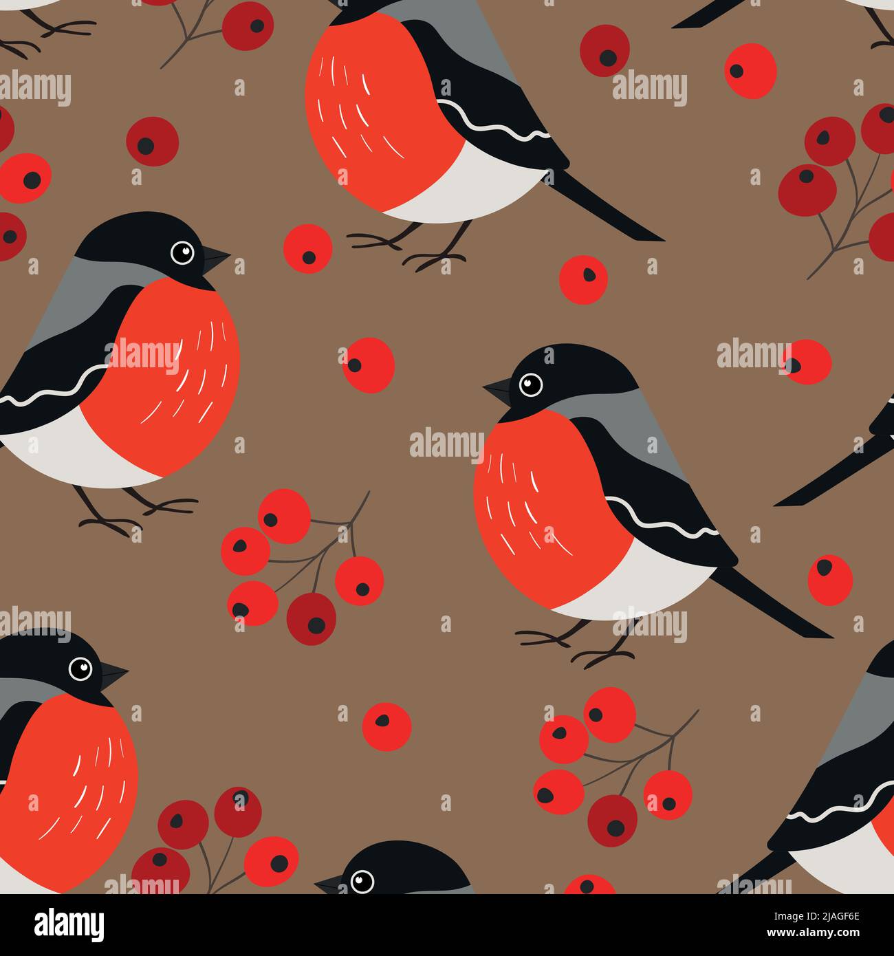 Seamless pattern with funny colorful bullfinch birds, flowers and berries. Color flat vector illustration with little cartoon bird. Cute characters Stock Vector