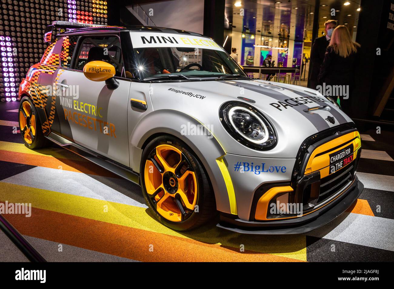 MINI Electric Pacesetter safety car for the ABB FIA Formula E World Championship showcased at the IAA Mobility 2021 motor show in Munich, Germany - Se Stock Photo
