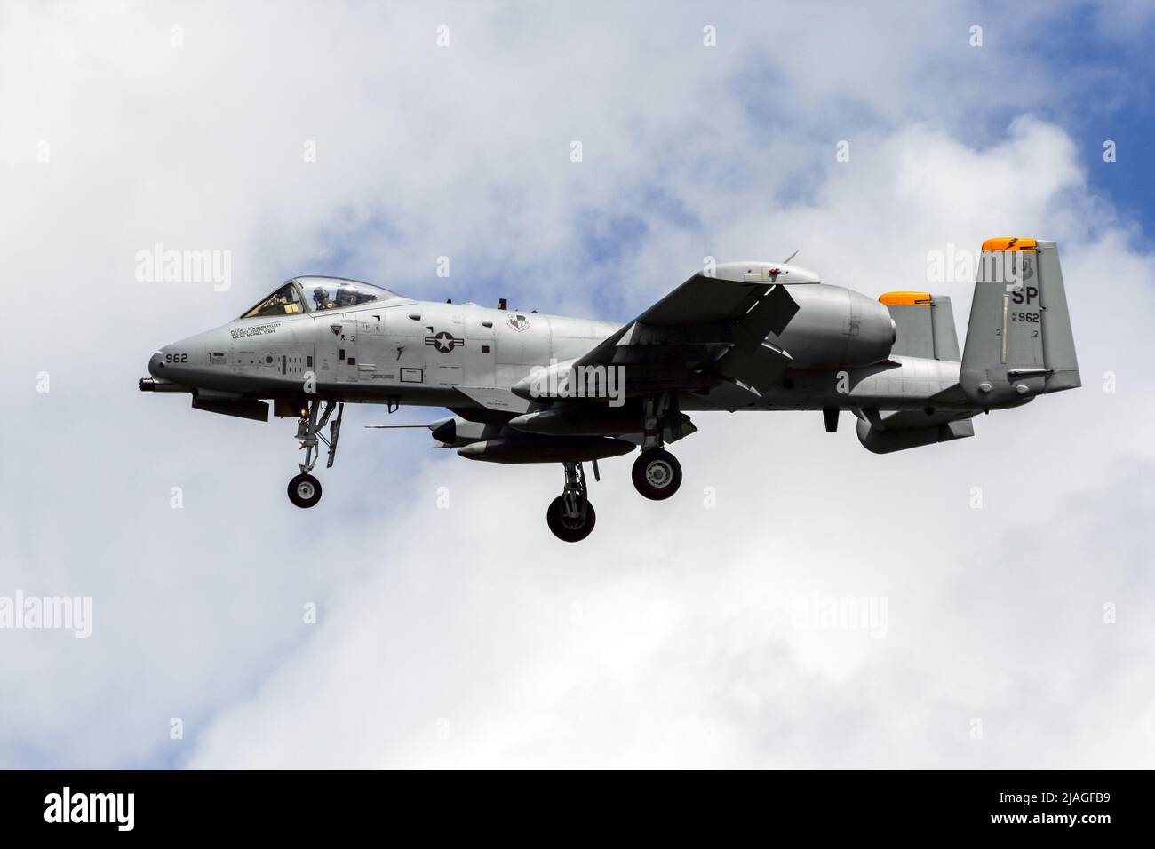 US Air Force A-10A Thunderbolt II fighter jet from Spangdahlem Air Base on final approach. Stock Photo