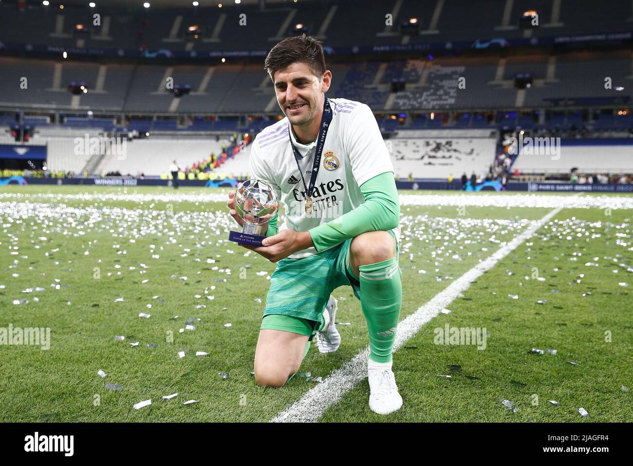 Saint-Denis, France. 28th May, 2022. Thibaut Courtois (Real) Football/Soccer : Courtois celebrates with the MVP trophy after winning UEFA Champions League Final match between Liverpool FC 0-1 Real Madrid CF at Stade de France in Saint-Denis, France . Credit: Mutsu Kawamori/AFLO/Alamy Live News Stock Photo