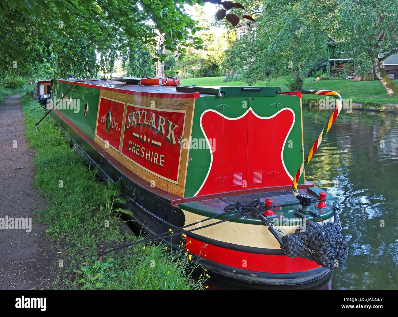 Skylark Cheshire traditional barge, tied up, moored on the Bridgewater Canal, Stockton Heath, Warrington, Cheshire, England, UK, WA4 6HN Stock Photo