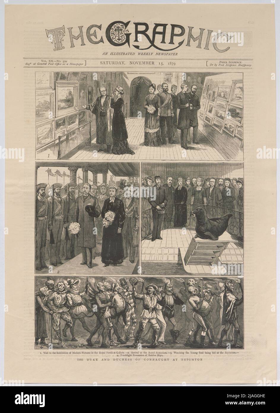 The Duke and Duchess of Connaugh at Brighton; 1. Visit to the exhibition of Modern Pictures (...)- 2. (...) Aquarium- 3. (...) 4 (...) '. Scenes of the Duke's visit and the Duchess of Connaugh Brighton (from 'The Graphic. To Illustrated Weekly Newspaper'). Unknown Stock Photo