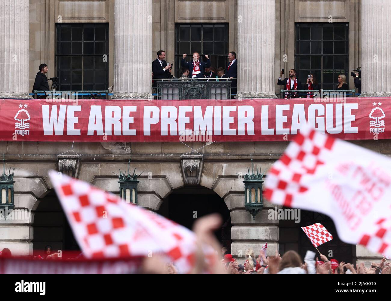 Nottingham, Nottinghamshire, UK. 30th May 2022. The Nottingham Forest soccer team manager Steve Cooper celebrates their promotion to the Premier League on the balcony of the Council Building. Credit Darren Staples/Alamy Live News. Stock Photo