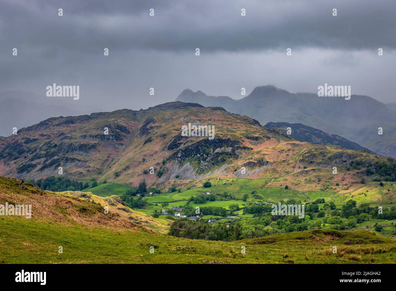 A sunlit Holme Fell and misty Langdale Pikes from Black Fell, Lake District, England Stock Photo