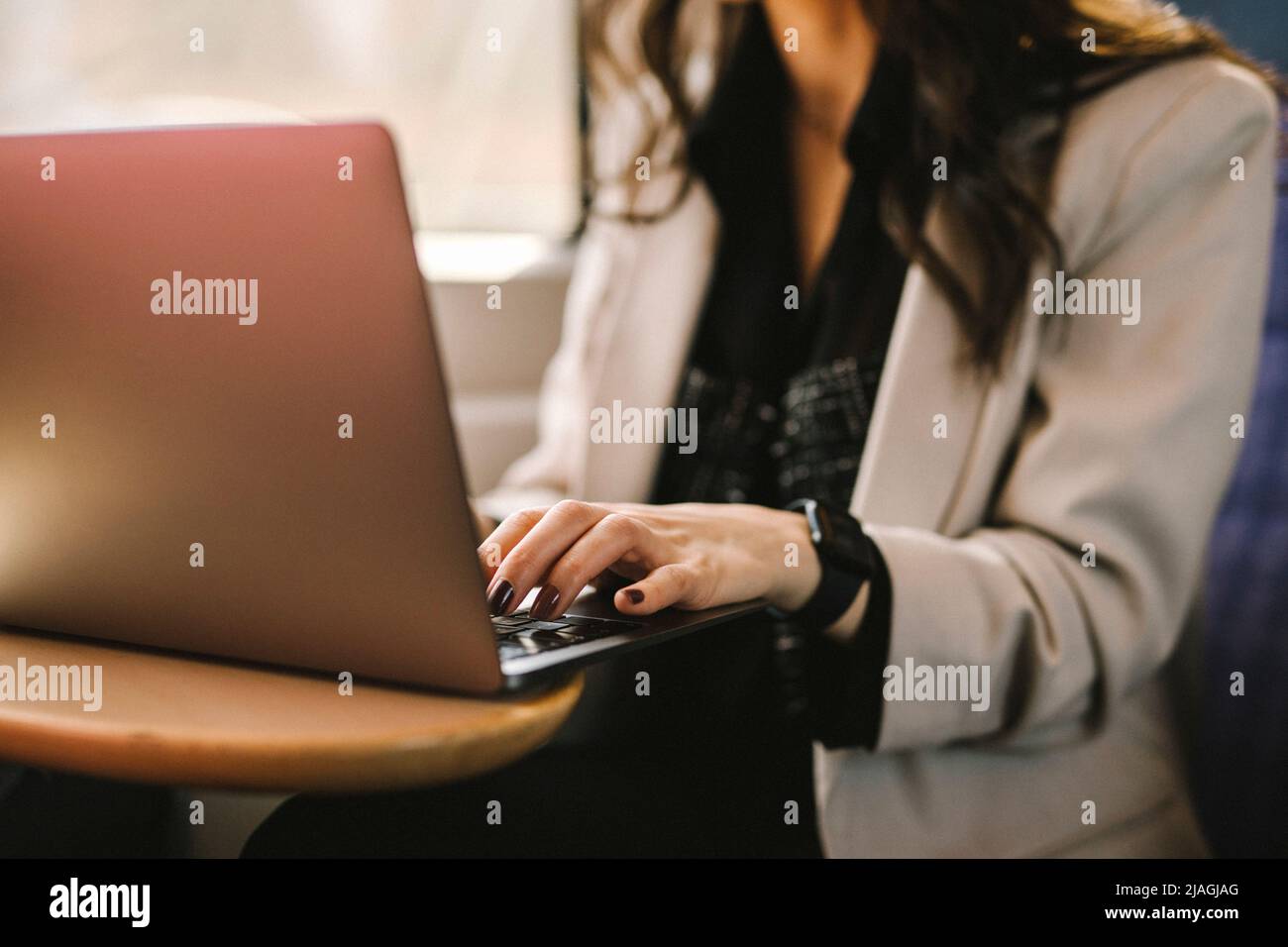 Midsection of businesswoman using laptop while commuting in train Stock Photo