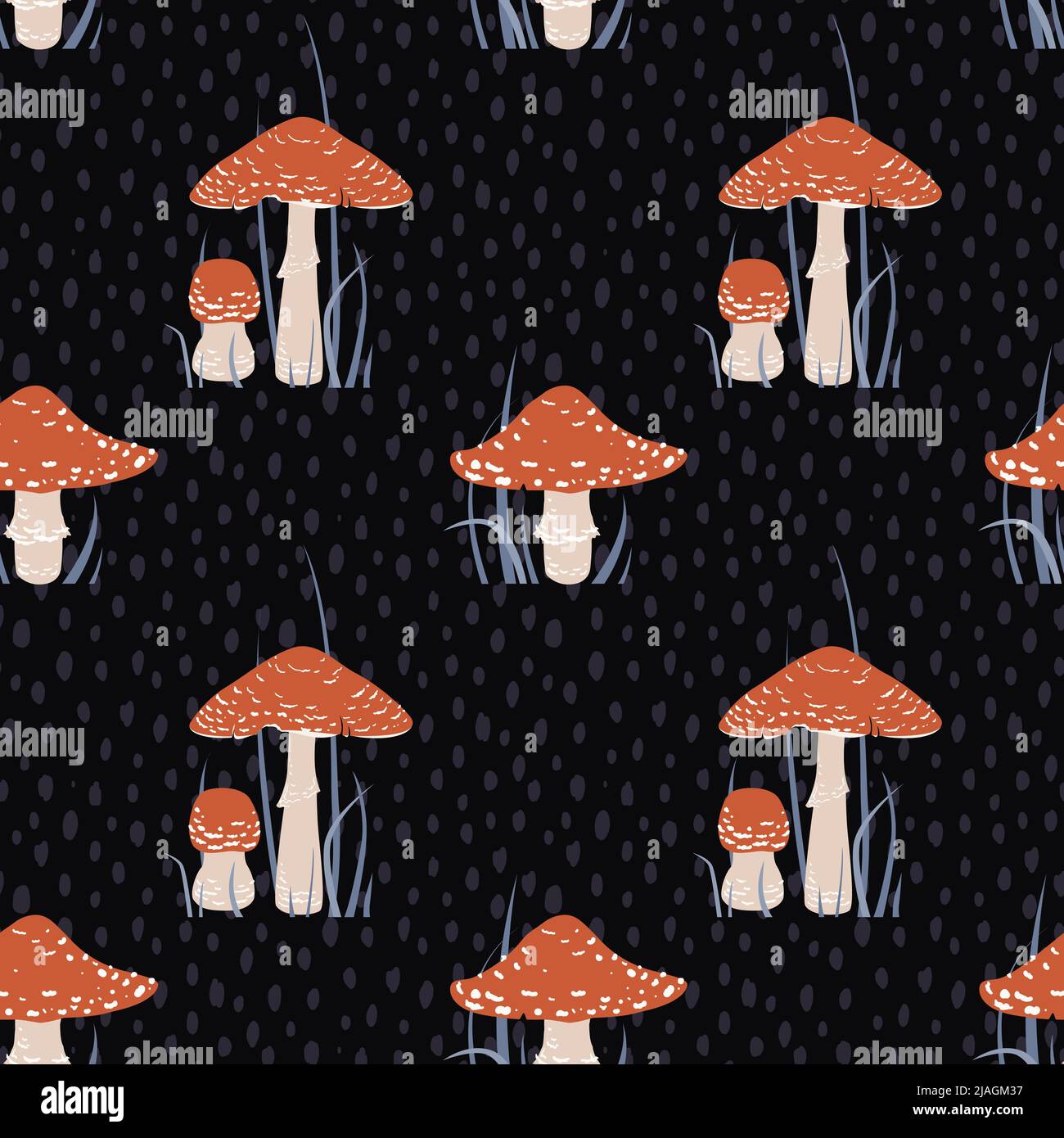 Seamless pattern with cartoon fly agaric. Red poisonous mushroom background. Wallpaper, print, packaging, paper, textile design. Vector illustration Stock Vector