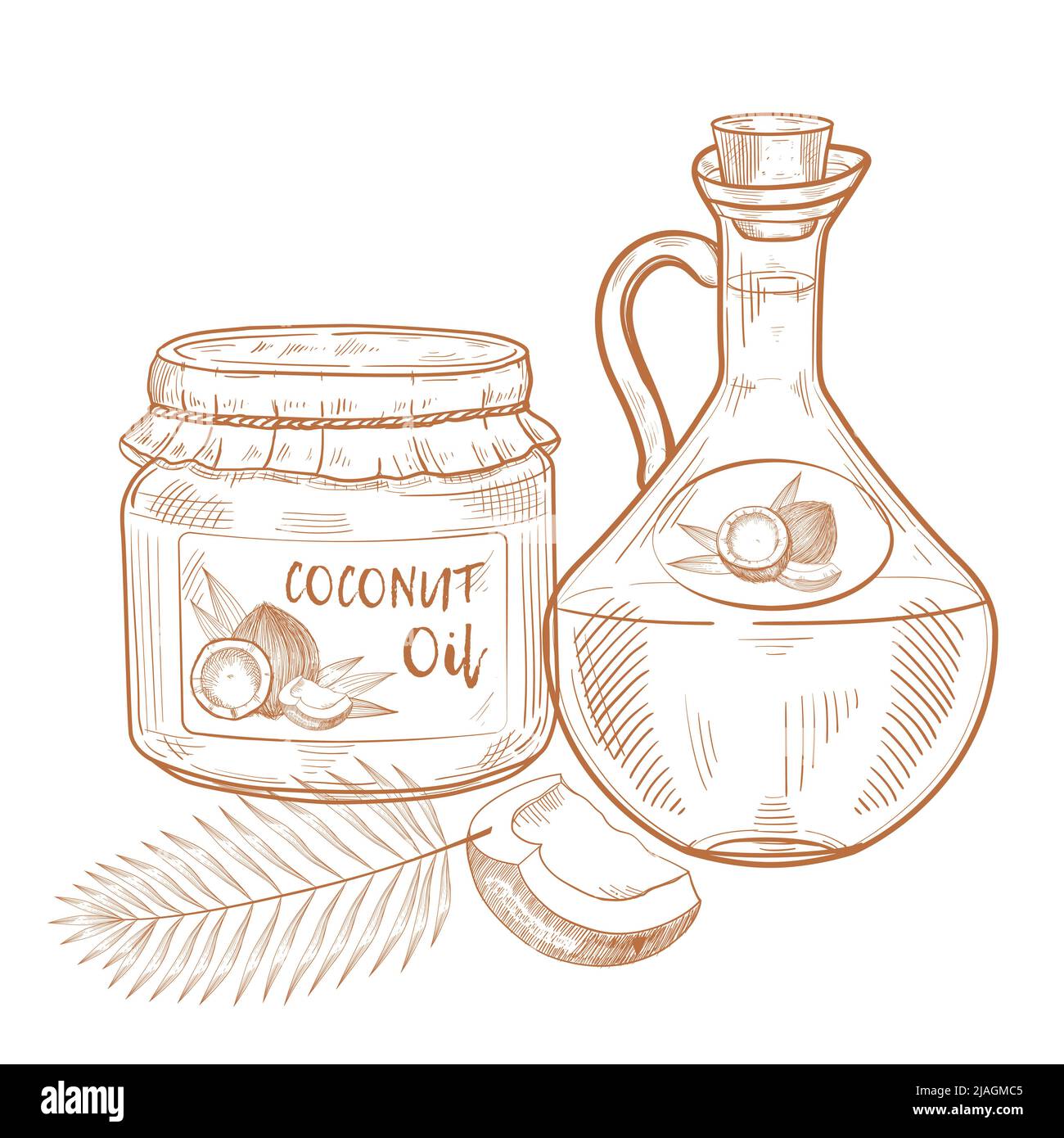 Bottles of coconut oil. Cooking and beauty ingredients. Glass pitcher and jar, coconut nut, palm leaves Vector Hand drawn illustration for menu, banner Stock Vector