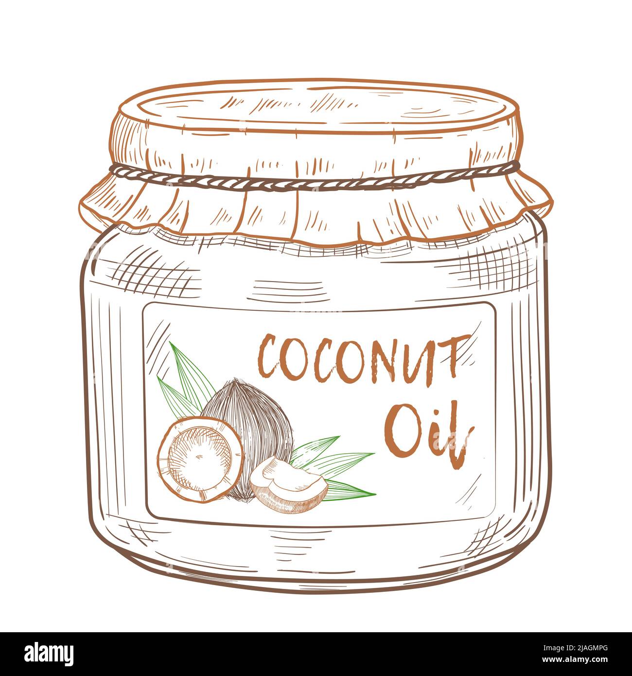 Coconut oil in a glass jar with a label. Cooking and beauty ingredients. Vector Hand drawn illustration for menu, banner, logo. Stock Vector