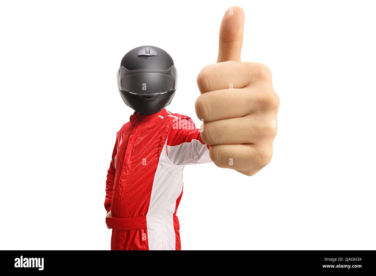 Racer with a helmet showing thumbs up in front of camera isolated on white background Stock Photo