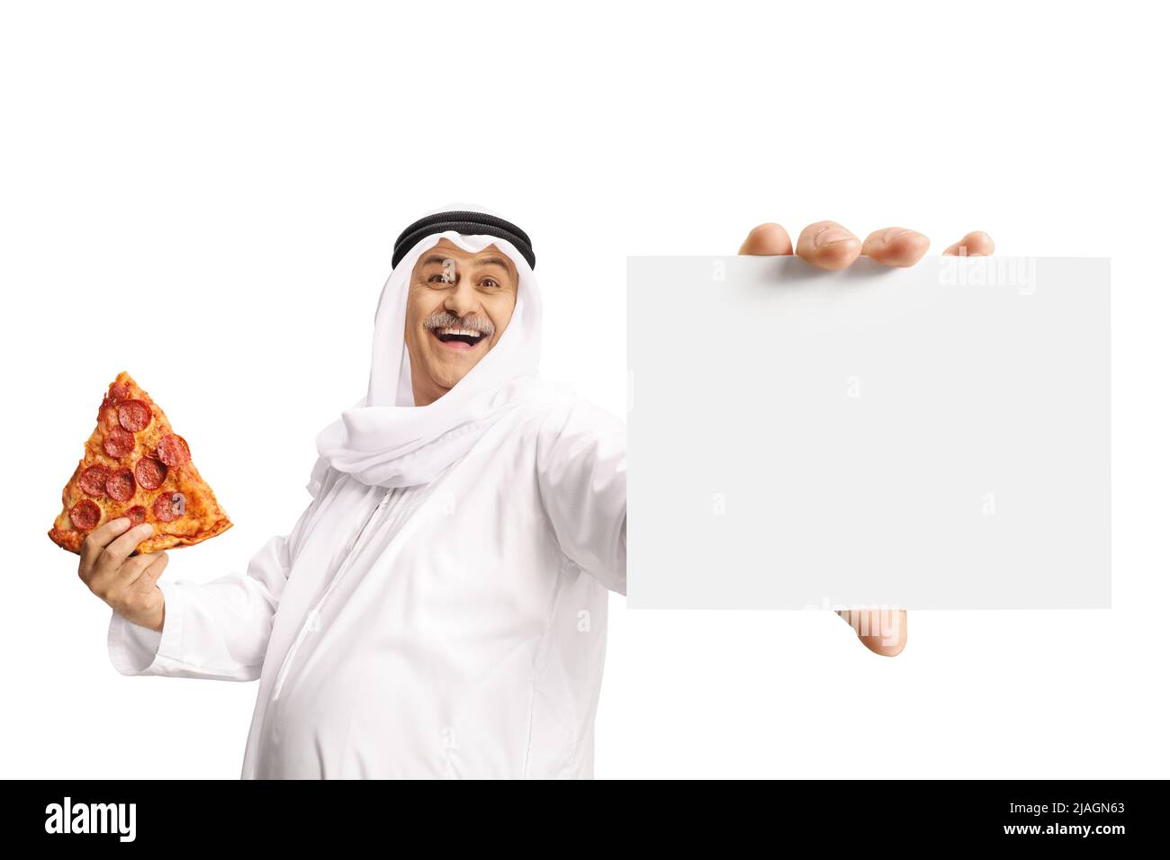 Cheerful mature arab man holding pepperoni pizza slice and showing a blank card isolated on white background Stock Photo