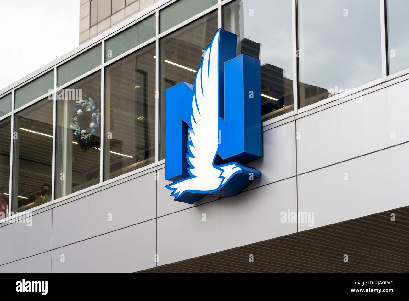 Columbus, Ohio, USA December 27, 2021 Closeup Nationwide logo at