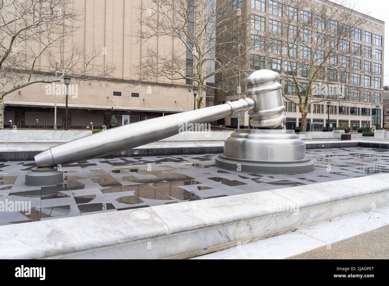 Columbus, Ohio, USA - December 27, 2021: Gavel sculpture created by Andrew Scott located in the courtyard of the Ohio Judicial Center Stock Photo