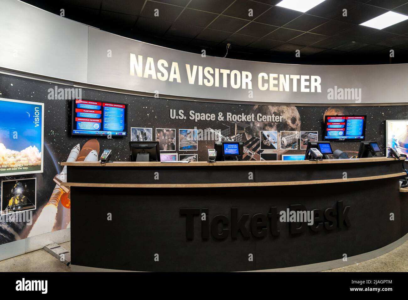 Huntsville, Alabama, USA - December 29, 2021: NASA Visitor Center Ticket Desk at Marshall Space Flight Center in Huntsville, Alabama. Stock Photo