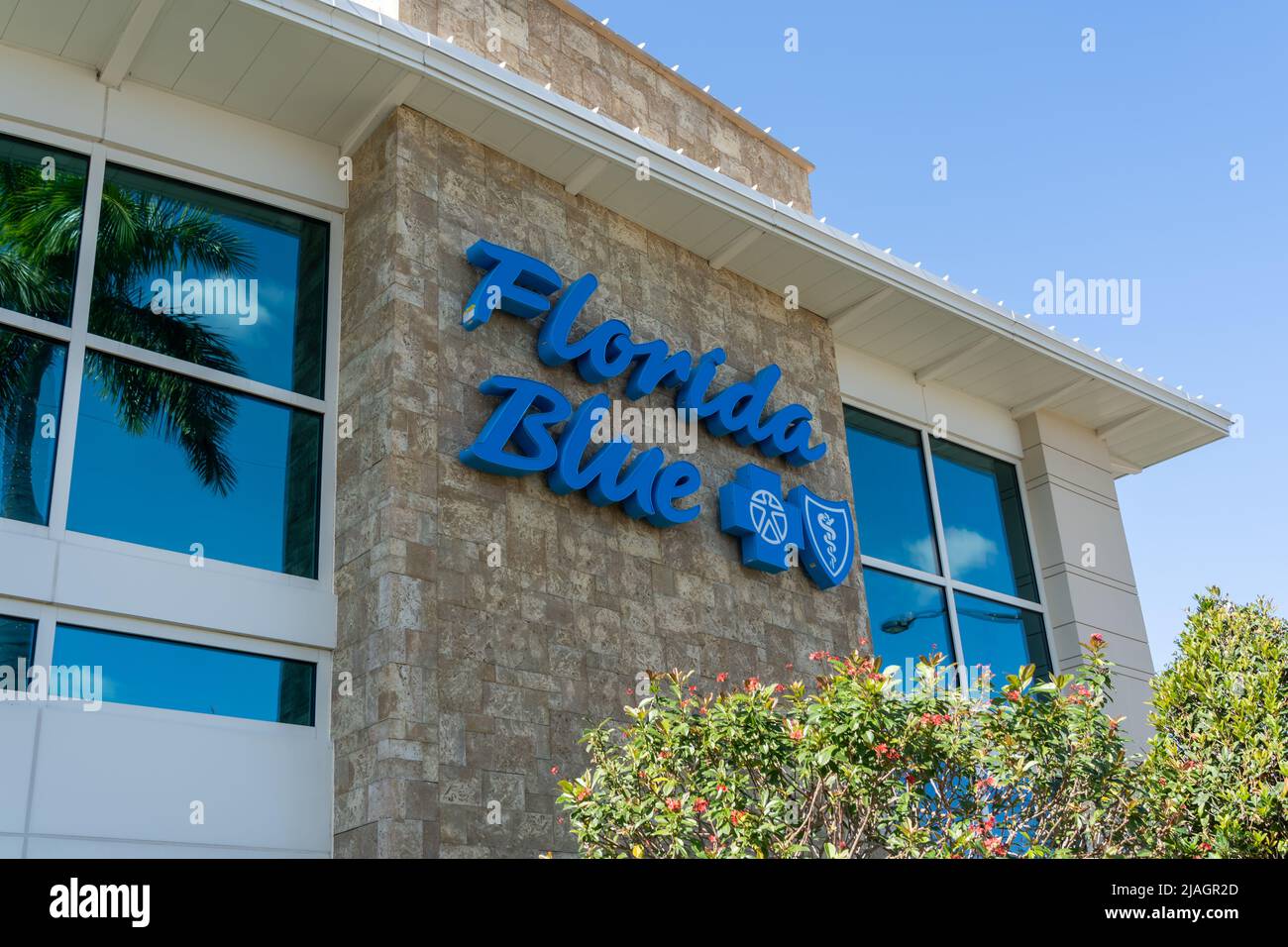 Fort Myers, Florida, USA - December 31, 2021: Florida Blue logo sign on the building in Fort Myers, Florida, USA. Stock Photo