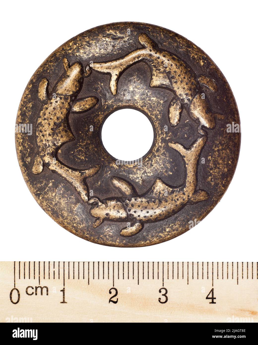 Ancient Chinese bronze coin with a hole. The Ming Dynasty. Reverse. Isolated on white Stock