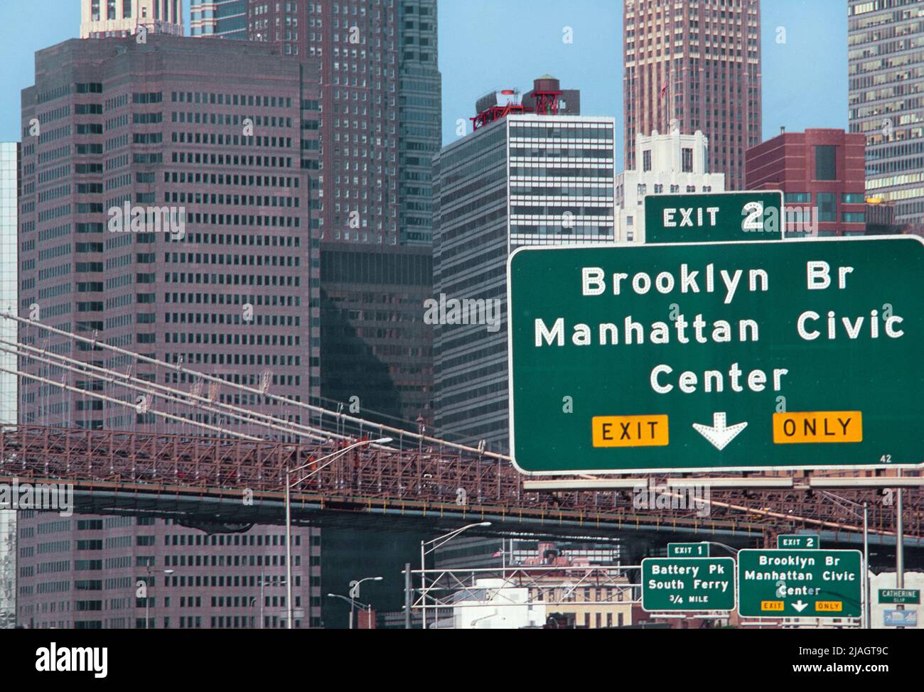 Brooklyn Bridge exit sign in Lower Manhattan, New York City. Elevated view. Skyscrapers Stock Photo