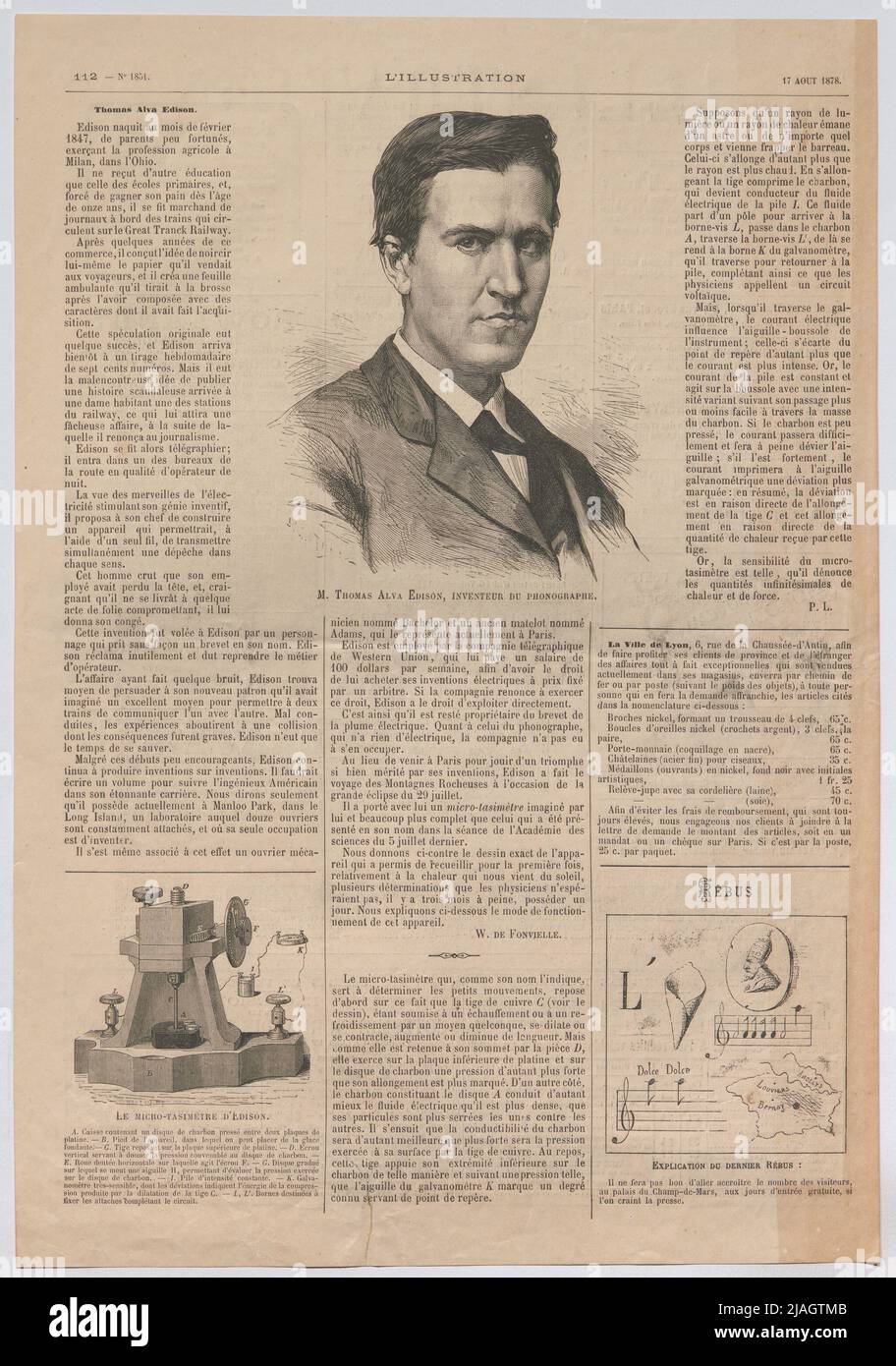 Mr. Thomas Alva Edison, inventor of the phonograph; The micro-tasimer of Edison '. Mr. Thomas Alva Edison, Erfinder of phonographers; Gerät von Edison (aus' illustration '). Unknown Stock Photo