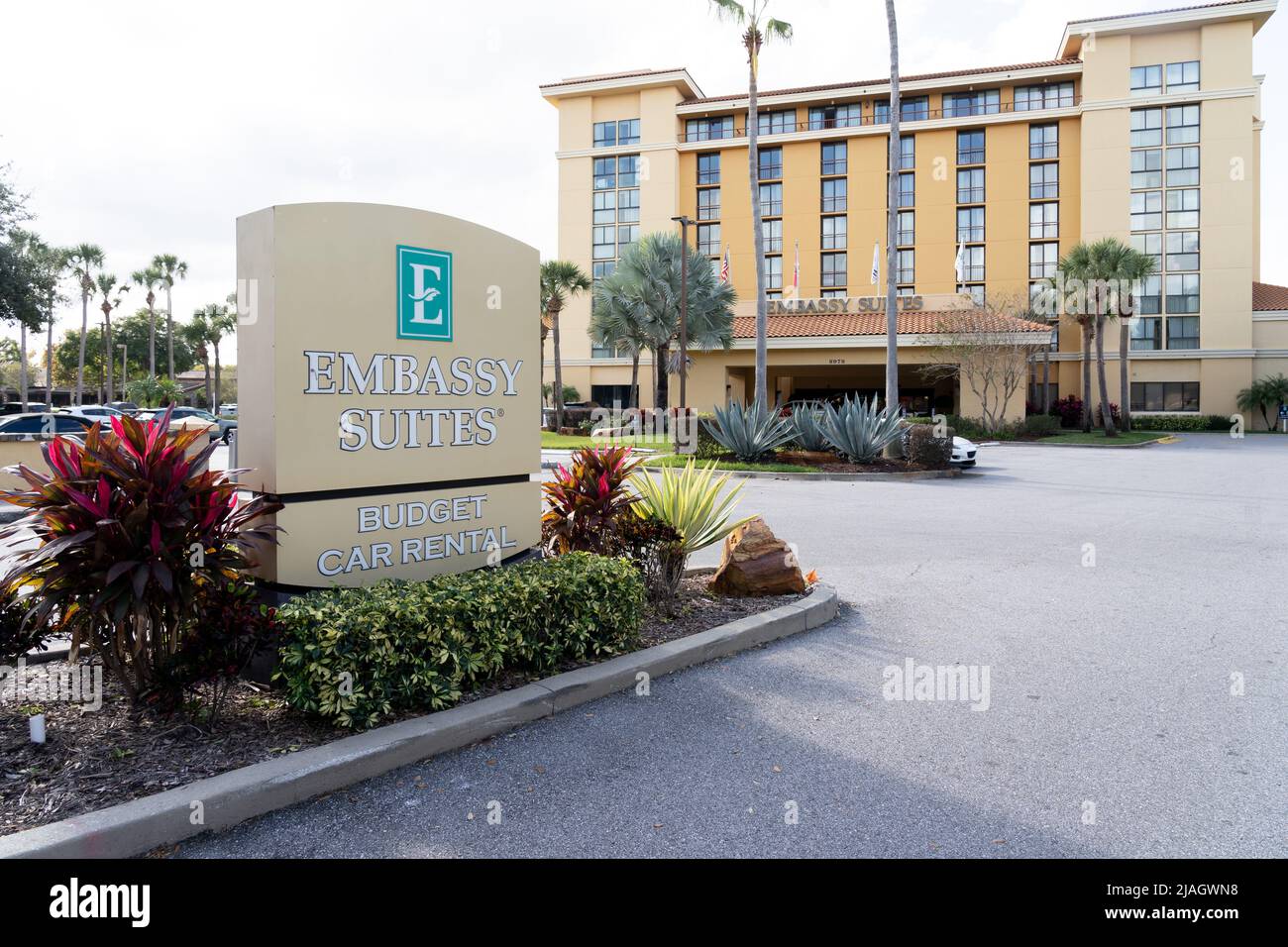 Orlando, FL, USA - January 5, 2022: Embassy Suites by Hilton is shown in Orlando, Florida, USA. Stock Photo