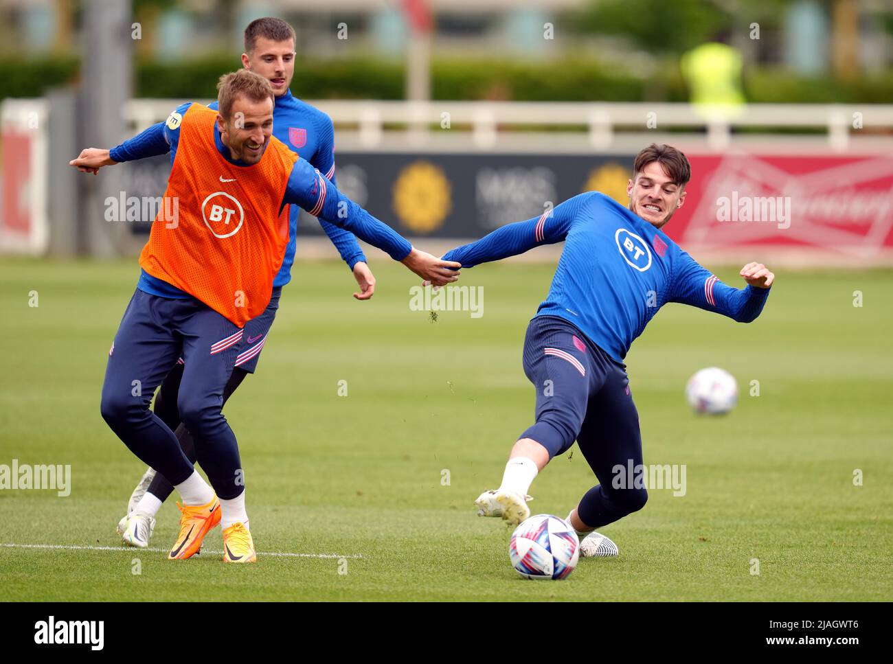 England’s Declan Rice (right) and Harry Kane during a training session ...