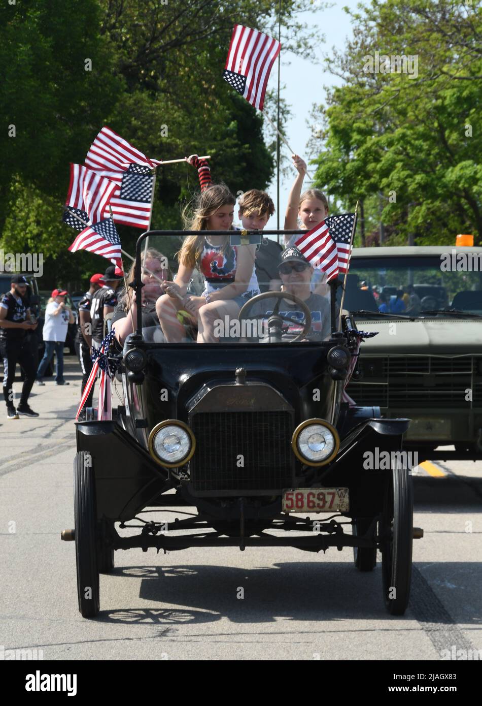 Racine, Wisconsin, USA. 30th May, 2022. A 1916 Ford Model T was near the head of the parade at the annual Memorial Day parade in Racine, Wisconsin Monday May 30, 2022. The parade is sponsored by the Racine Area Veterans, Inc. (Credit Image: © Mark Hertzberg/ZUMA Press Wire) Stock Photo