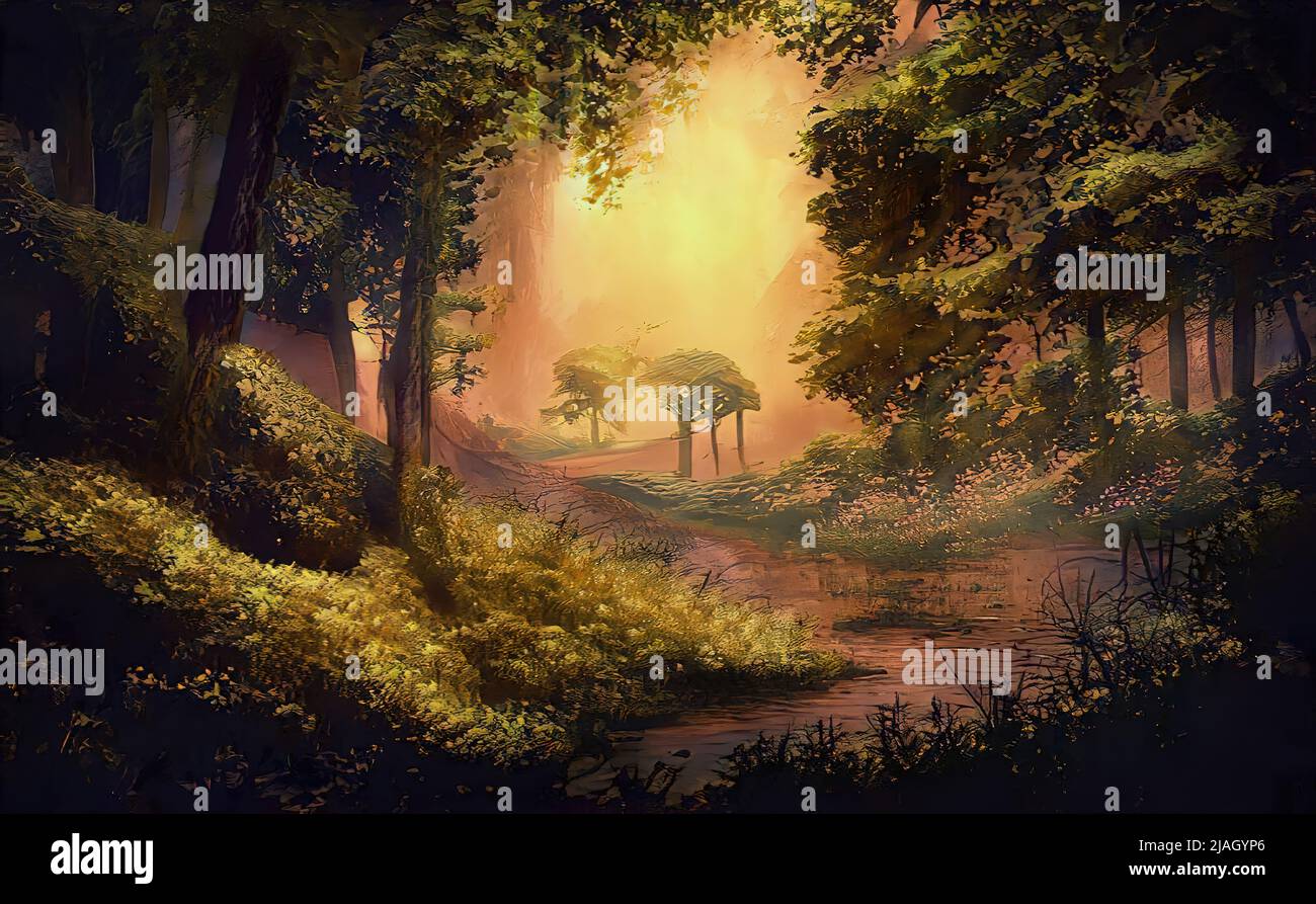 Naturalistic digital illustration; beautiful scenery of enchanted forest. Stock Photo