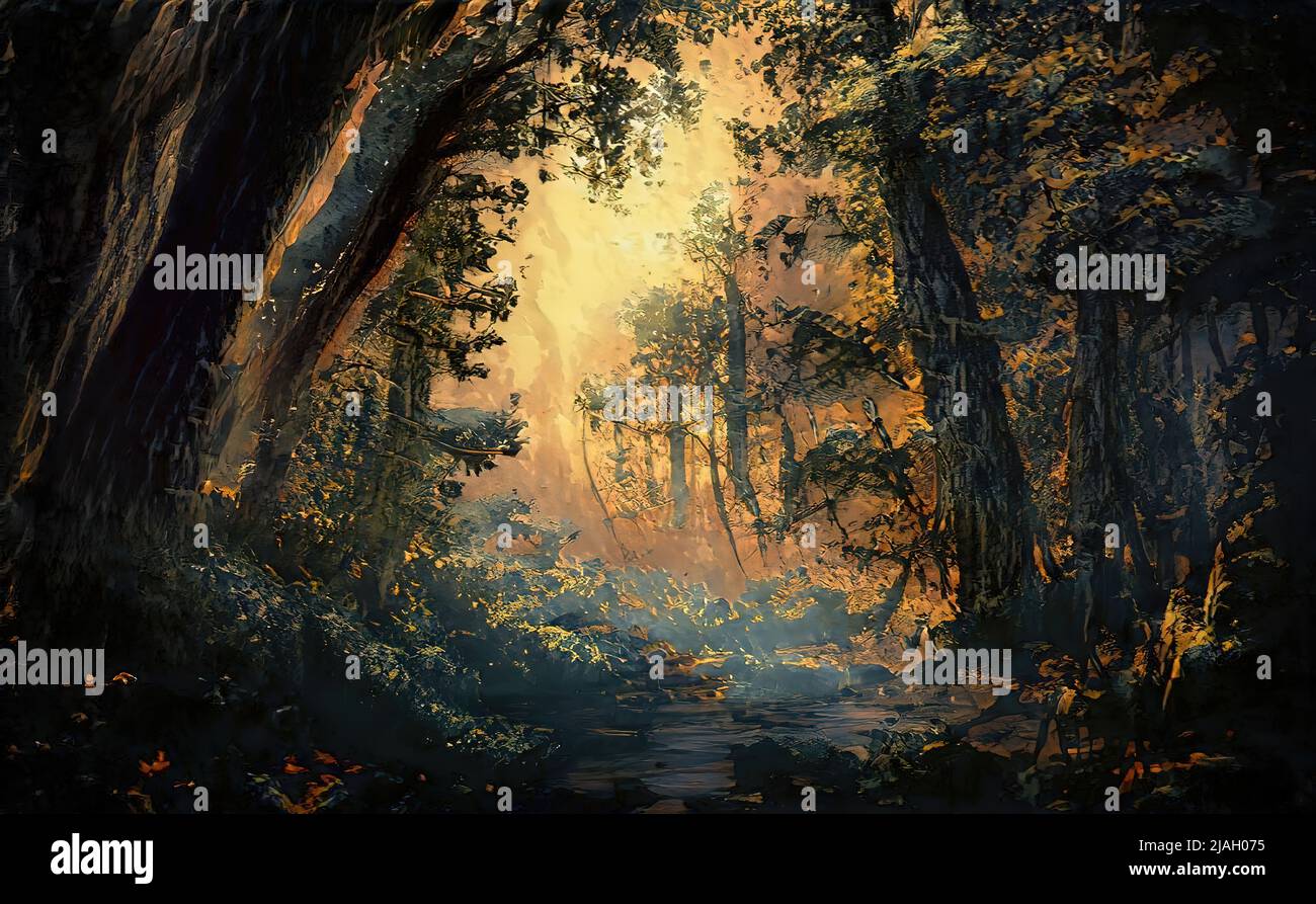 Naturalistic digital illustration; beautiful scenery of enchanted forest. Stock Photo