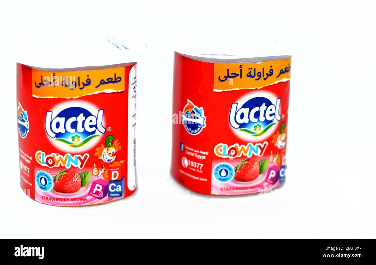 Cairo, Egypt, May 27 2022 Lactel clowny strawberry aroma yogurt