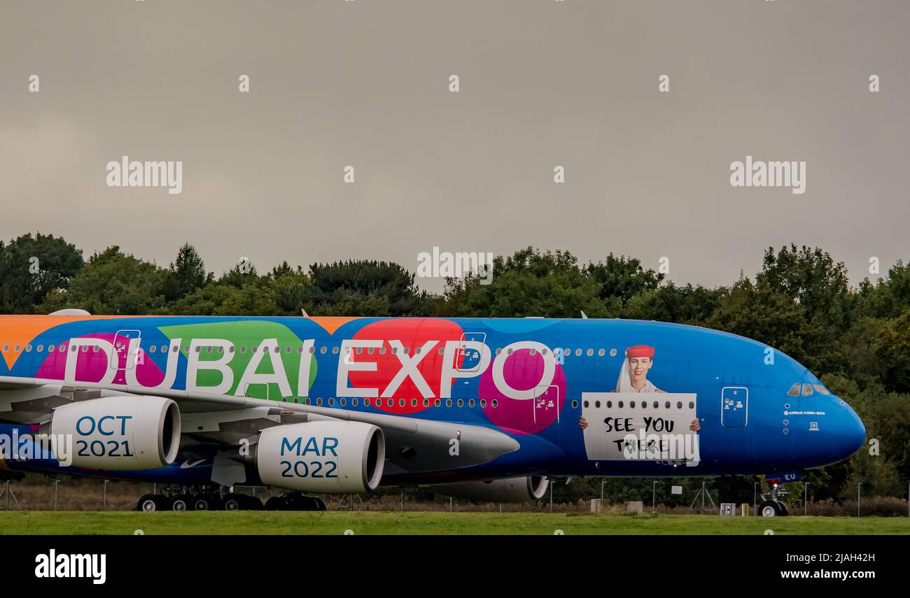 The mighty A380 Emirates expo colourful plane. Stock Photo